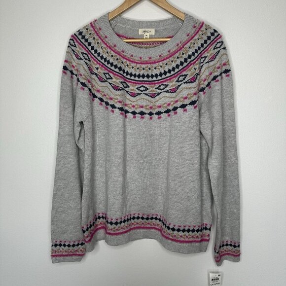 NWT Style & Co Fair Isle Sweater Womens Size 2XL Gray Pink Metallic Classic - Picture 1 of 9